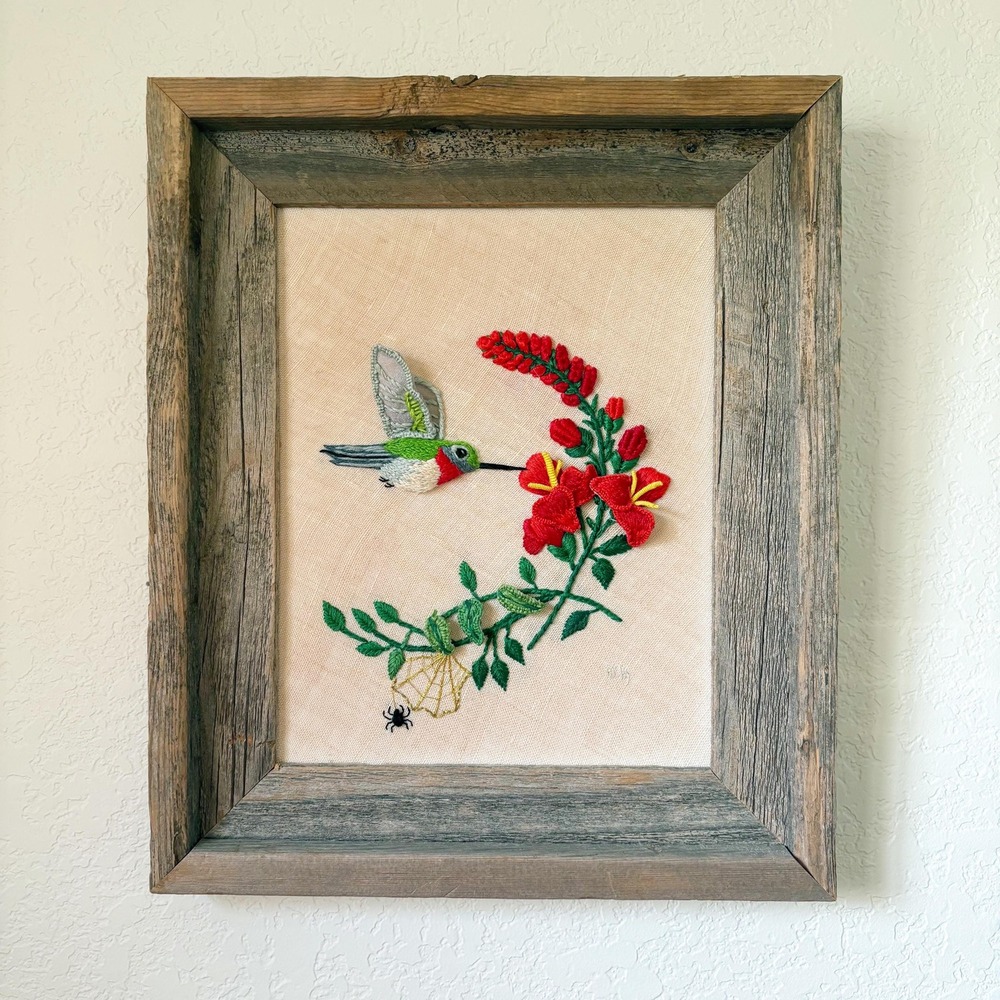 3D Hummingbird & Flowers Embroidery Art: Handcrafted in Texas, Vintage Charm